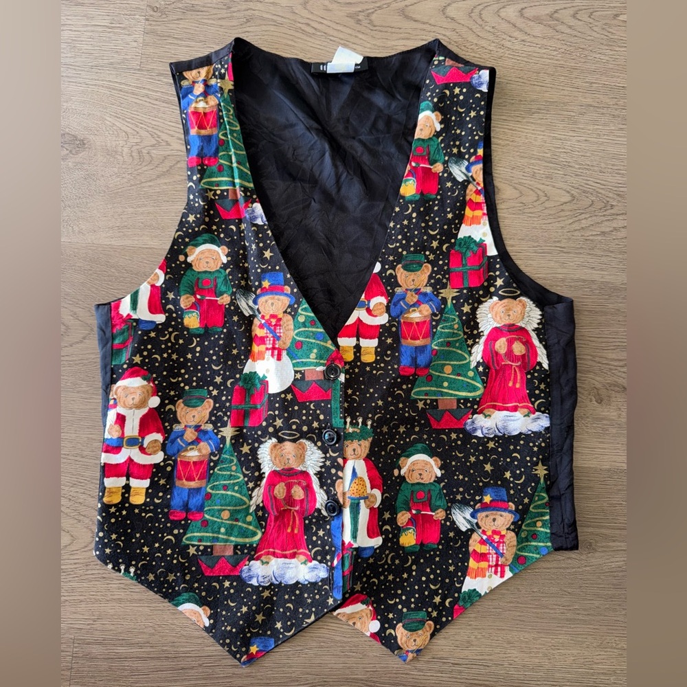Vintage 90s 111 Main Holiday Christmas Teddy Bear Vest Back Tie Size M USA Made